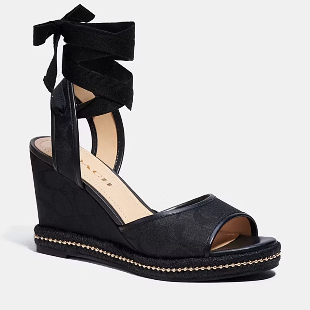 Coach Black Wedge Sandals with Ankle Wrap